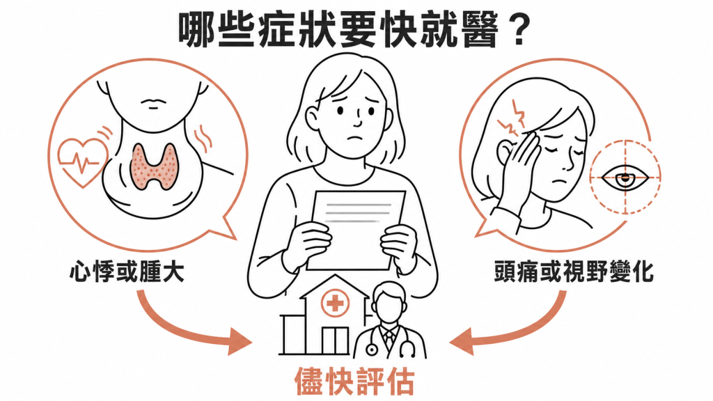 心悸、甲狀腺腫大、頭痛或視野變化時應儘快就醫評估