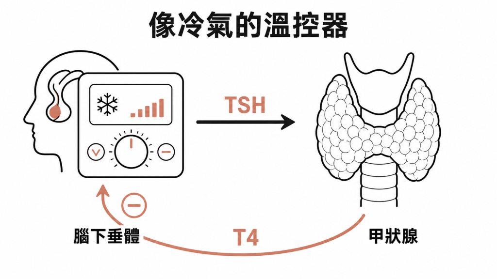腦下垂體以 TSH 刺激甲狀腺並由 T4 回饋調節的示意圖