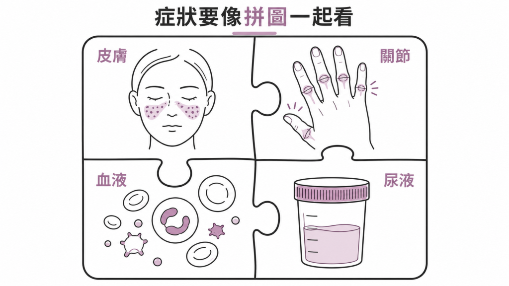 早期紅斑性狼瘡要把皮膚、關節、血液與尿液線索一起看