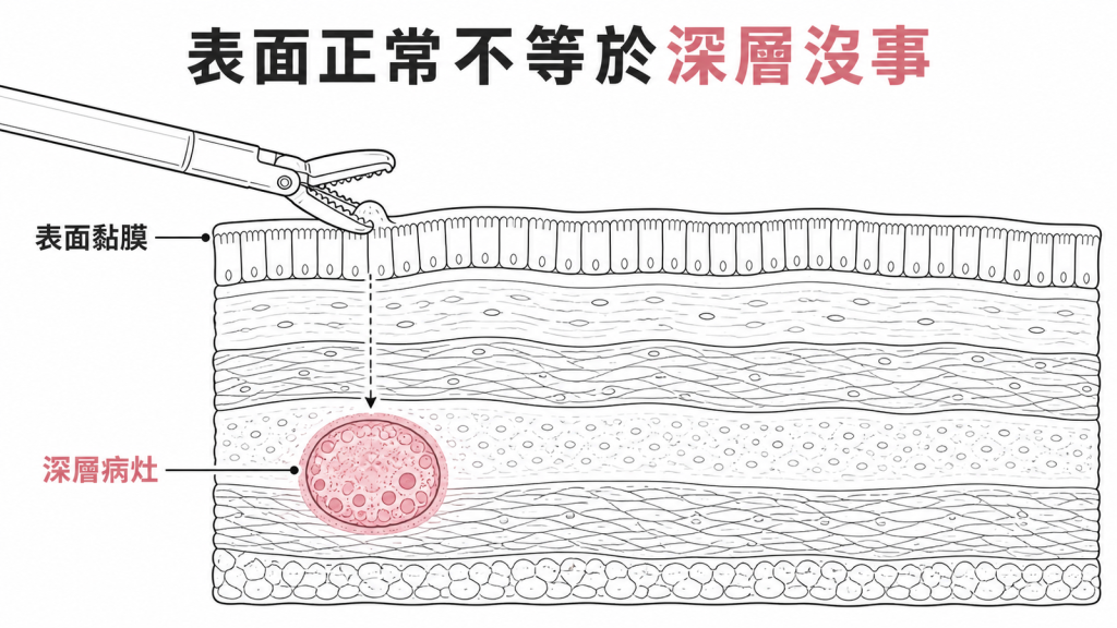 大腸黏膜下腫瘤表面切片可能取不到深層病灶示意圖