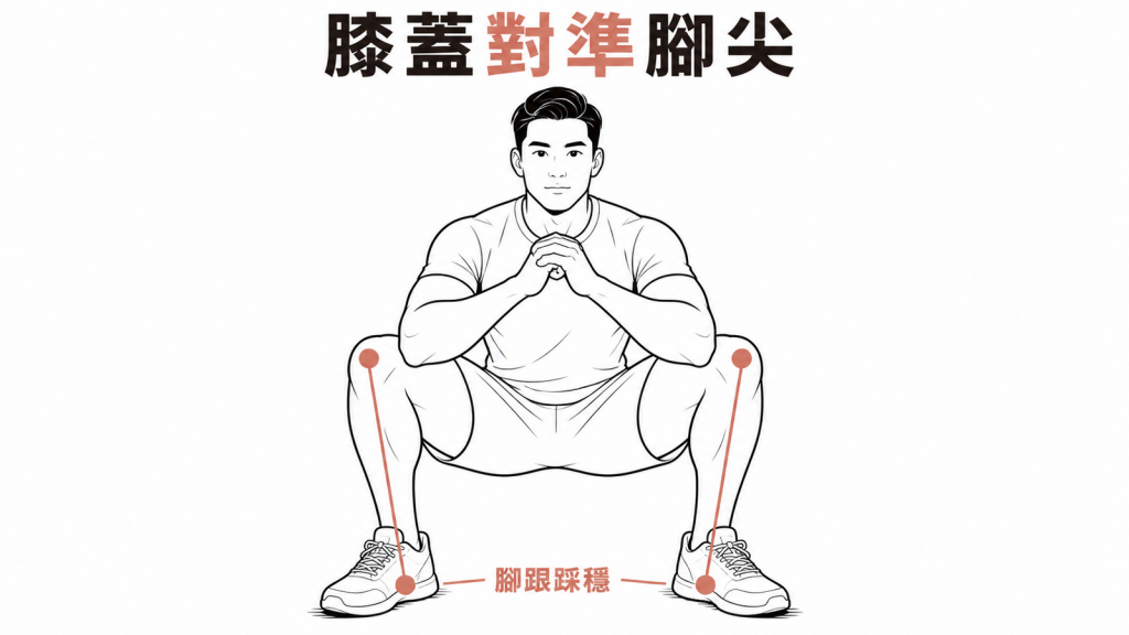 深蹲時膝蓋方向對準腳尖並踩穩腳跟