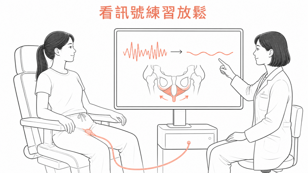 生理回饋讓患者看肌肉訊號練習放鬆骨盆底示意圖