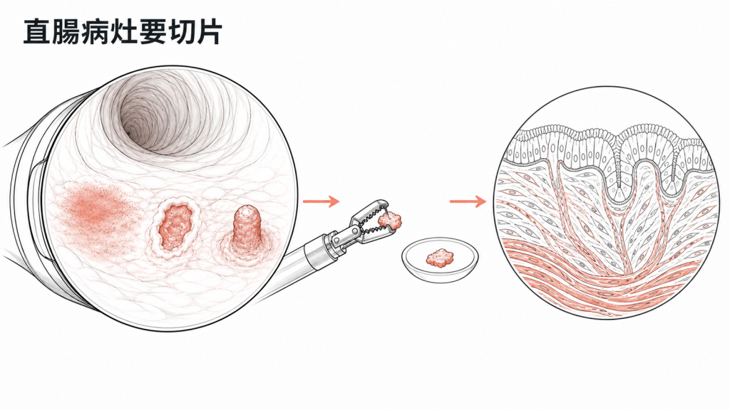 直腸紅腫潰瘍或息肉樣病灶需要切片確認示意圖