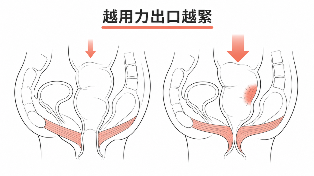 排便時骨盆底越用力出口反而越緊的示意圖