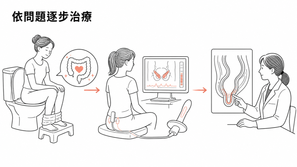 孤立性直腸潰瘍症候群依問題逐步治療示意圖