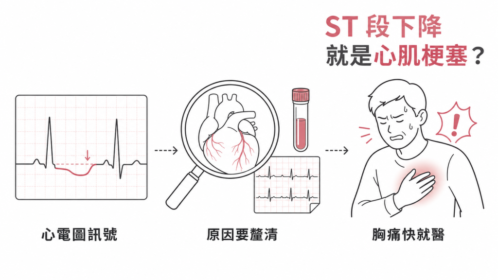 心電圖 ST 段下降資訊圖:從心電圖訊號到釐清原因,胸痛時要立刻就醫