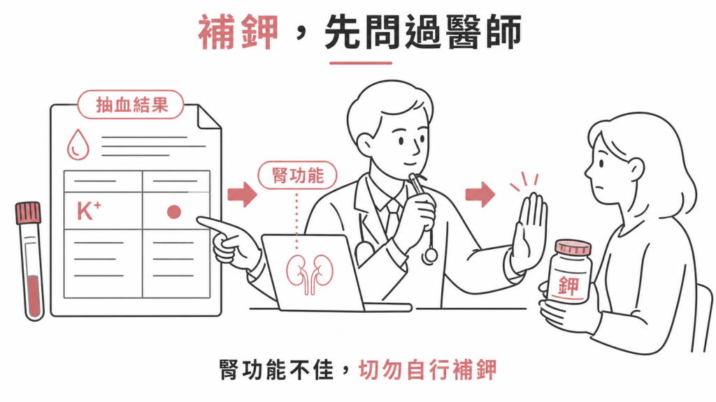 補鉀要依抽血結果與腎功能由醫師決定,腎功能不佳者勿自行補充的示意圖