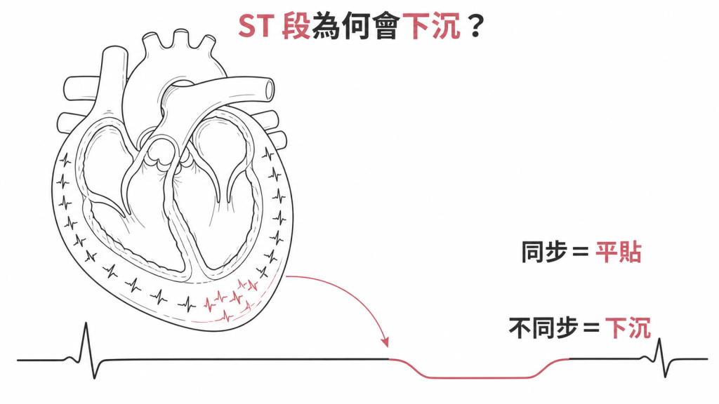 心肌恢復電位同步時 ST 段平貼、不同步時下沉的示意圖