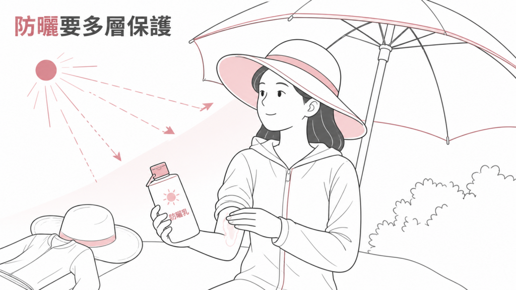 帽子、衣物、遮蔭與防曬乳共同保護皮膚示意圖