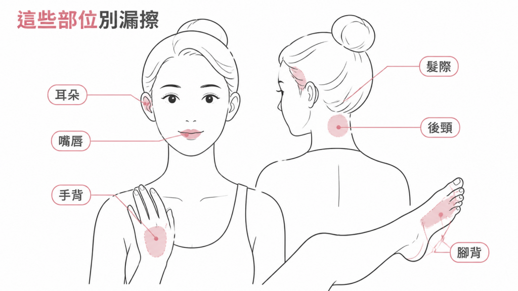 防曬乳容易漏擦的耳朵、髮際、後頸、手背、腳背與嘴唇