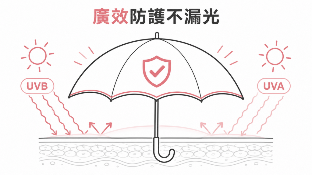 廣效防曬同時涵蓋 UVA 與 UVB 示意圖