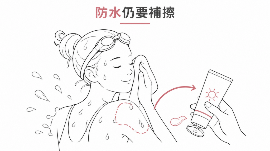 游泳或擦汗後仍要補擦防曬乳示意圖