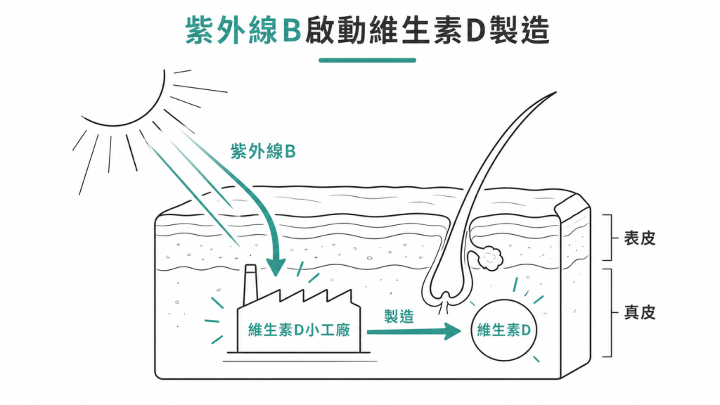 紫外線 B 到達皮膚後啟動維生素 D 製造示意圖