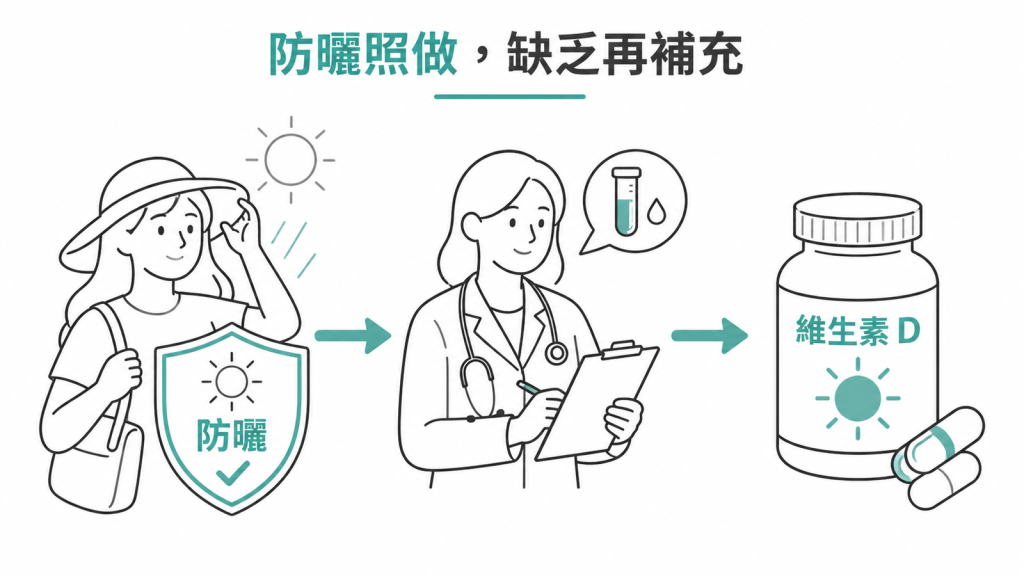 防曬照做,確認缺乏後再依醫療指示補充維生素 D