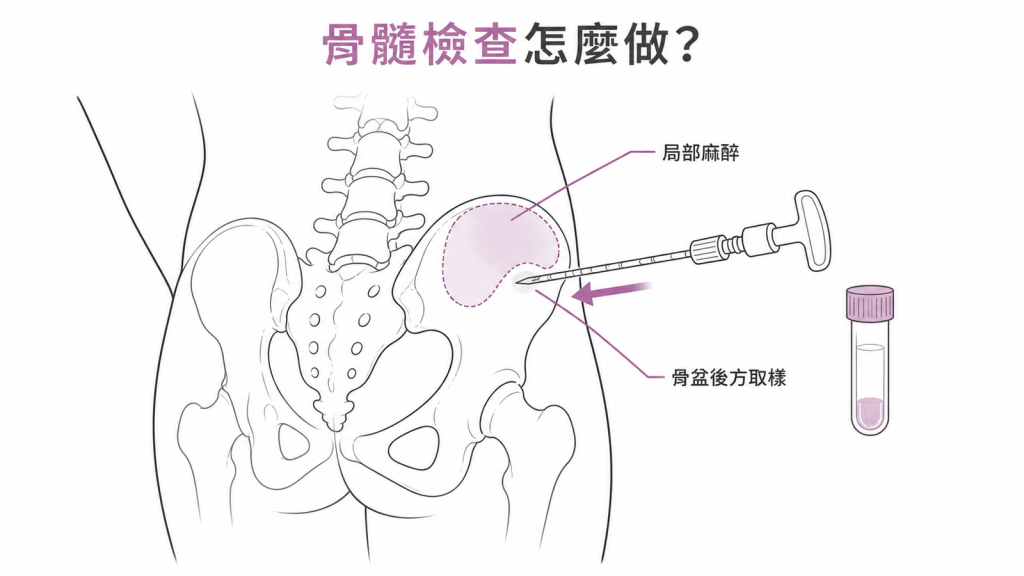 骨髓穿刺在骨盆後方局部麻醉取樣示意
