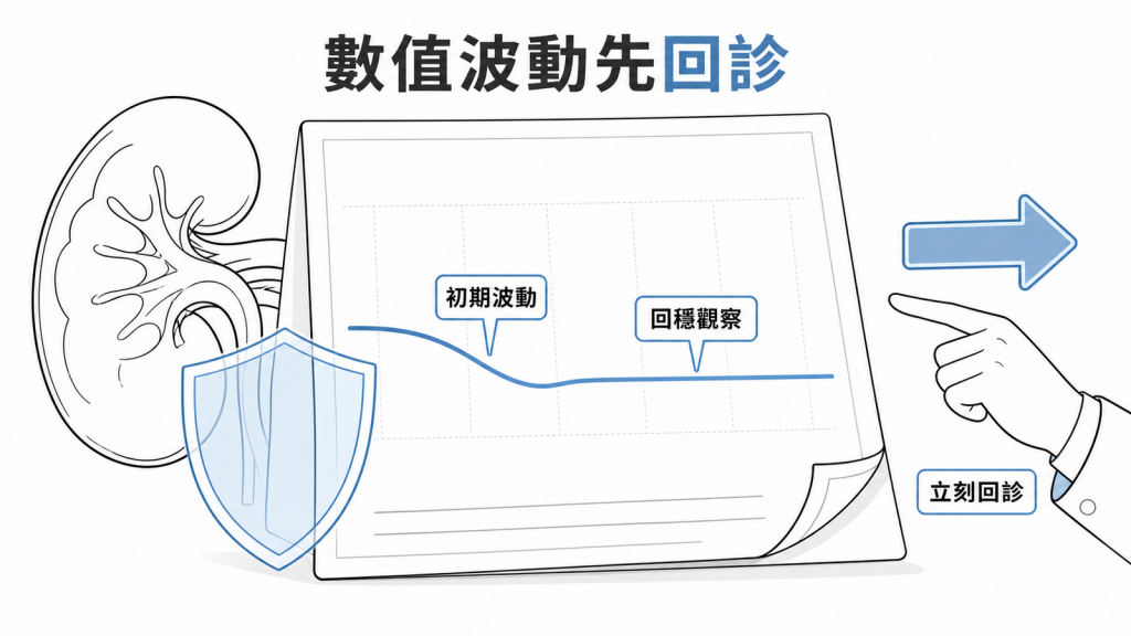 Tirzepatide 使用後 eGFR 初期波動回診示意圖