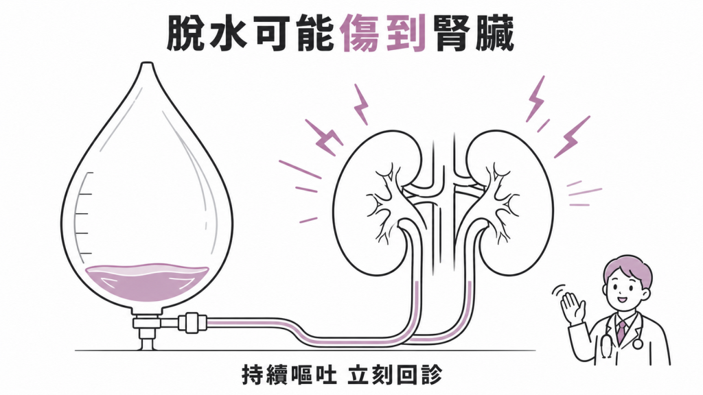 猛健樂引起持續嘔吐脫水時可能傷腎應立刻回診的衛教圖
