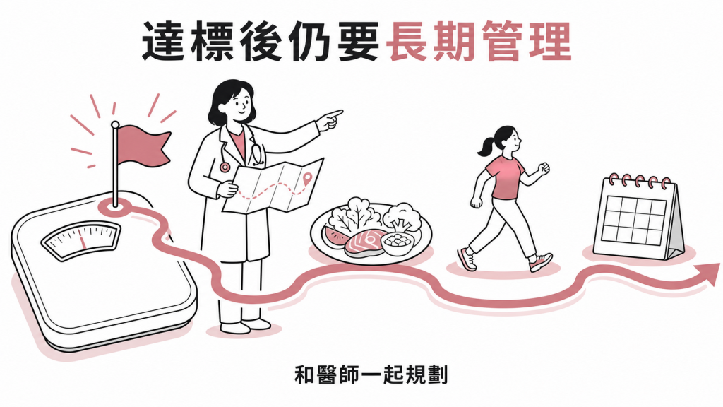 猛健樂減重達標後仍需要醫師規劃長期體重管理的衛教圖