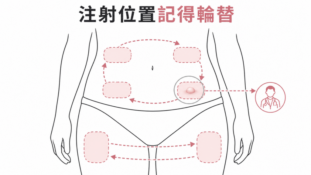 猛健樂注射部位應依醫囑輪替並避開皮下硬塊的衛教圖