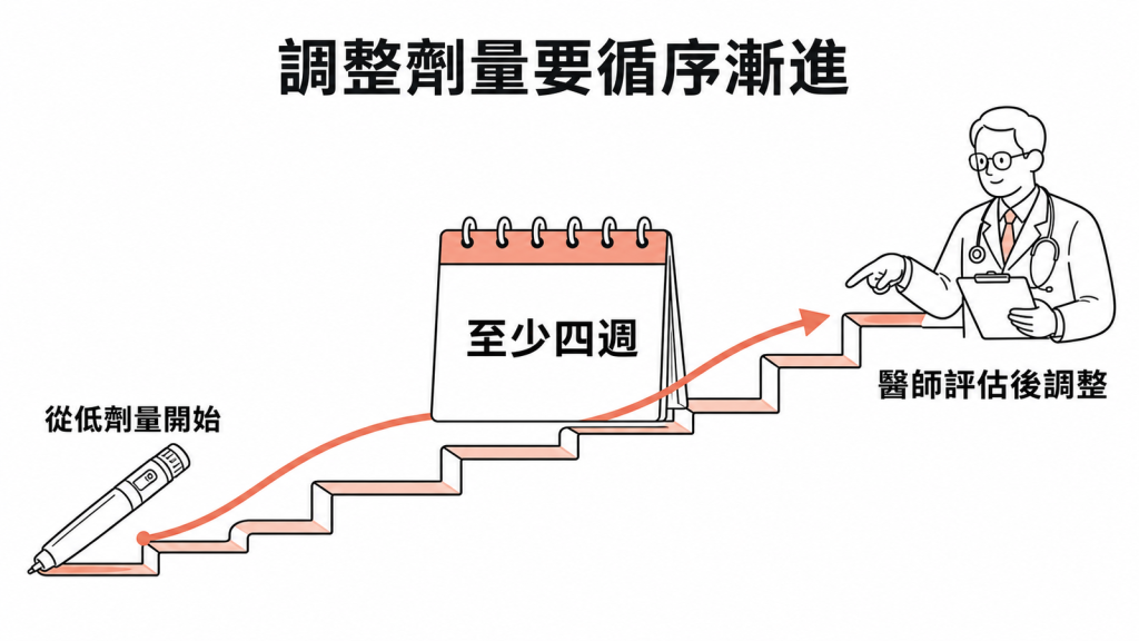 Tirzepatide 從低劑量開始，至少四週後由醫師評估是否調整