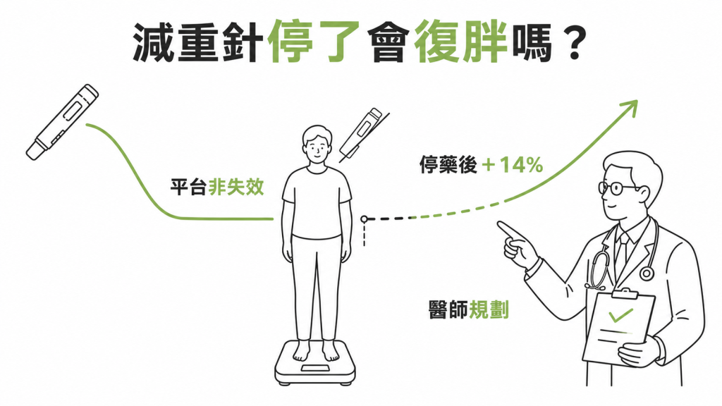 停用 tirzepatide 後體重復胖與醫師規劃減量的資訊圖