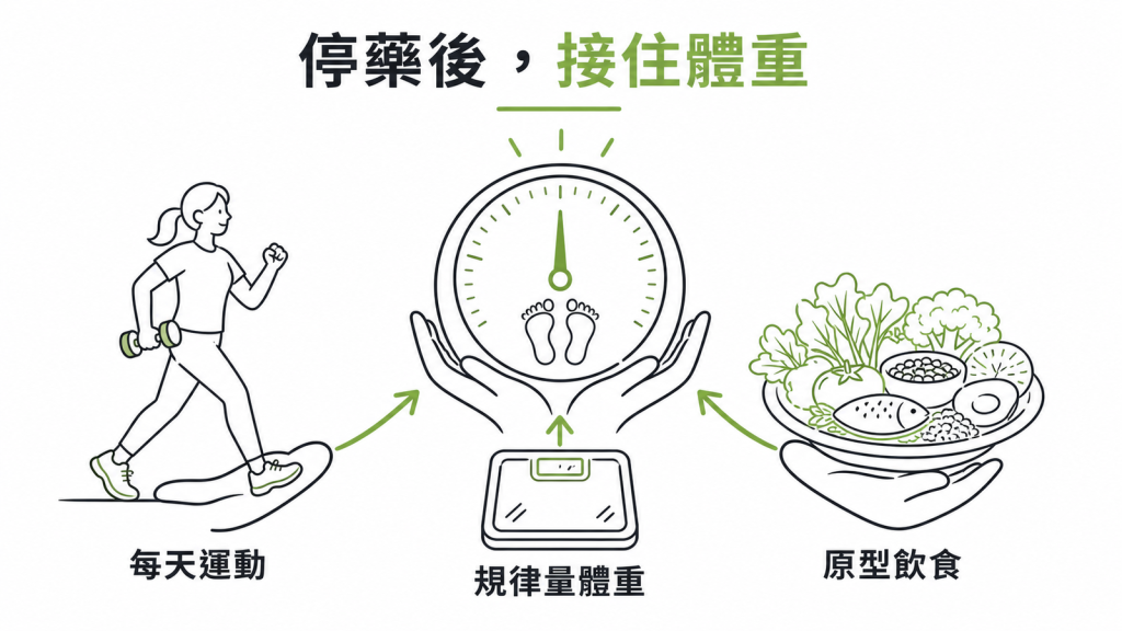 停藥期間以每天運動、規律量體重與原型飲食守住體重的示意圖
