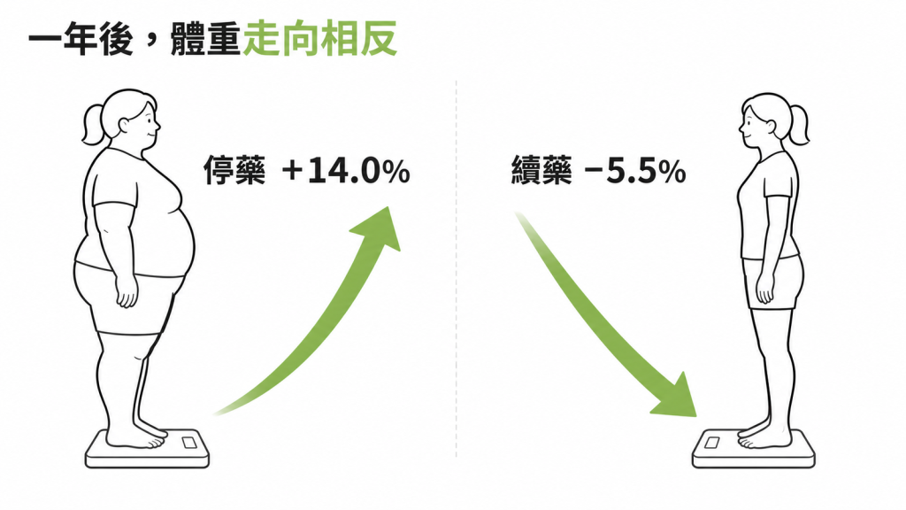 停藥組一年後體重增加 14%、續用 tirzepatide 者再減 5.5% 的對照圖