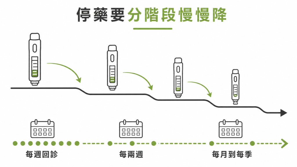 停用 tirzepatide 分階段降劑量、回診由每週拉到每季的示意圖