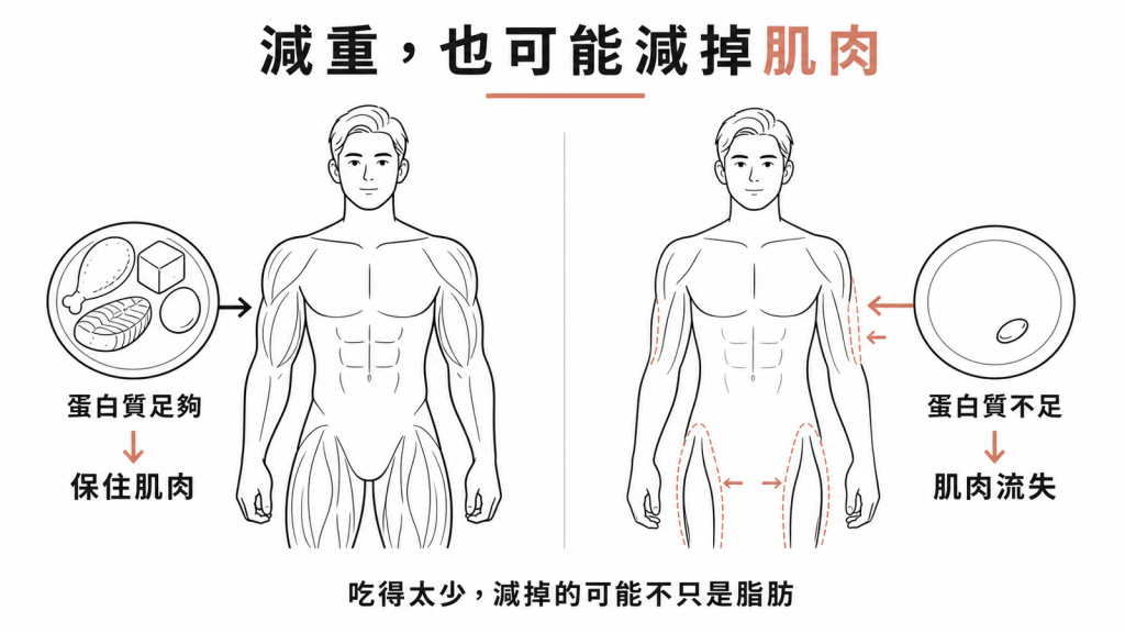 吃得太少時減掉的可能不只是脂肪,蛋白質不足會流失肌肉