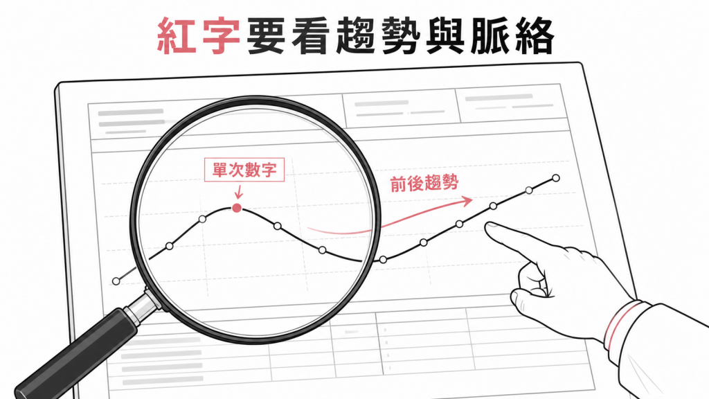 腫瘤標記紅字應合併前後趨勢與個人脈絡判讀