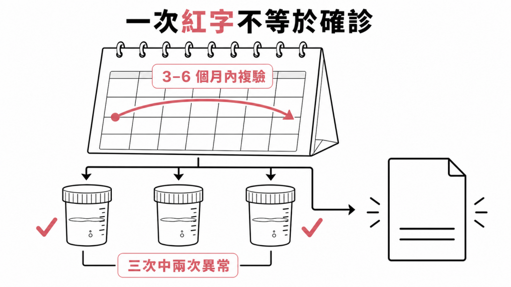 UACR 一次紅字需重複檢驗示意圖