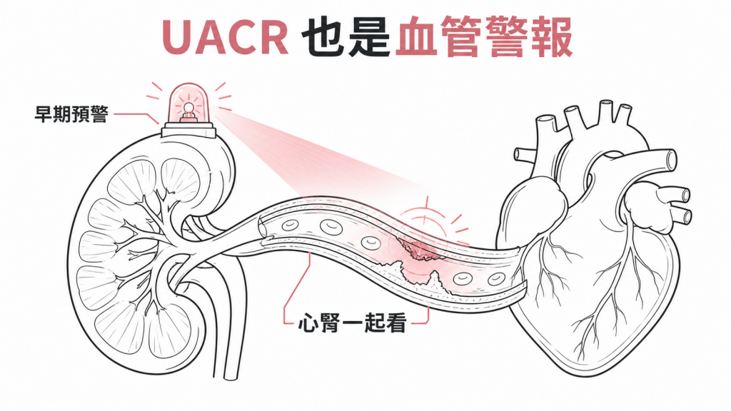 UACR 是心腎血管早期警報示意圖