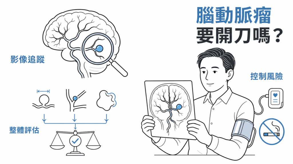 未破裂腦動脈瘤要開刀還是追蹤：影像追蹤、大小位置形狀整體評估與控制血壓戒菸的示意圖