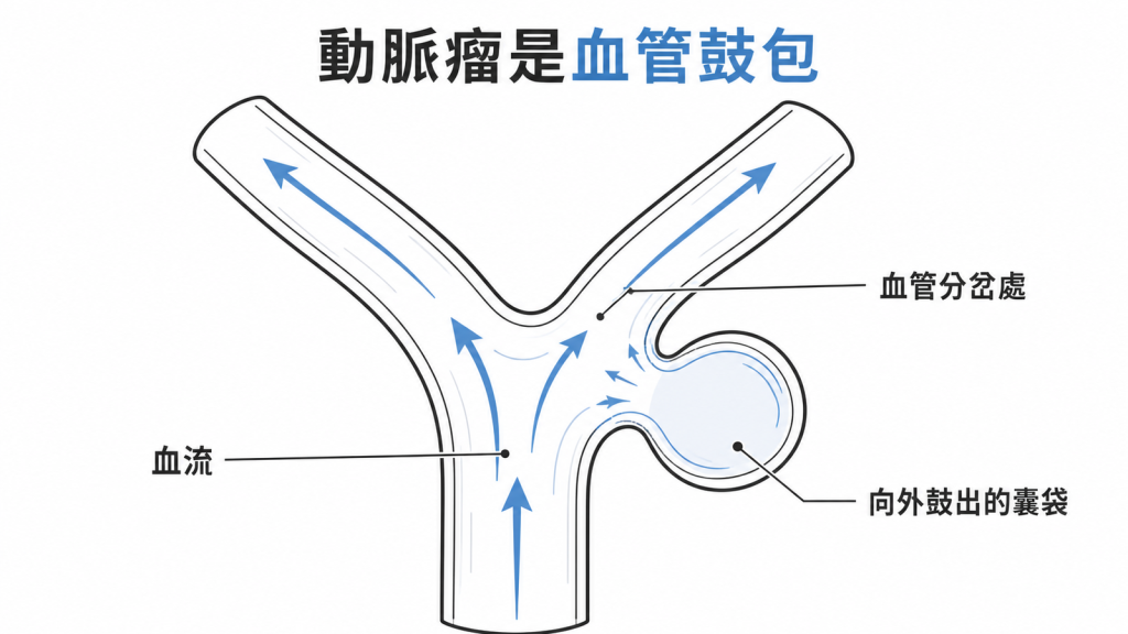 動脈瘤是血管分岔處管壁向外鼓出的囊袋示意圖