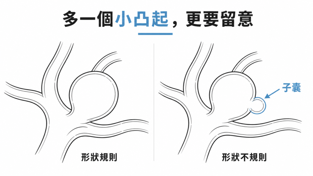 形狀規則的動脈瘤與旁邊多出子囊小凸起的動脈瘤左右對照示意圖
