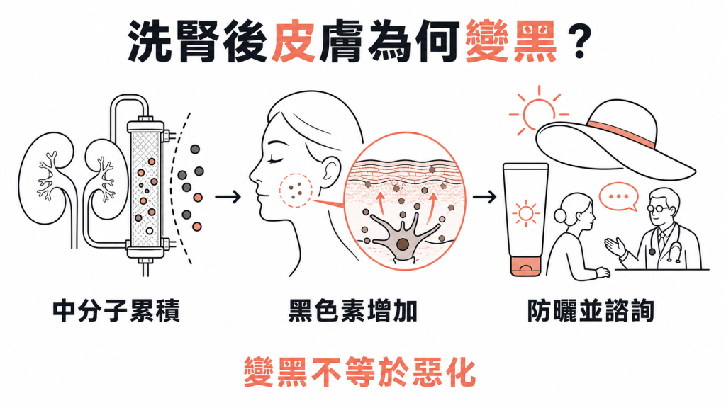 洗腎皮膚變黑機轉示意圖:中分子物質累積刺激黑色素增加,建議防曬並與醫師討論