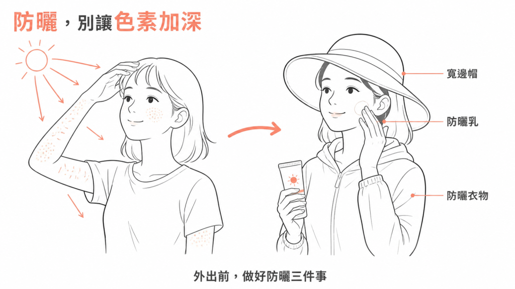防曬三件事示意:防曬乳、寬邊帽與防曬衣物,避免日曬部位色素繼續加深