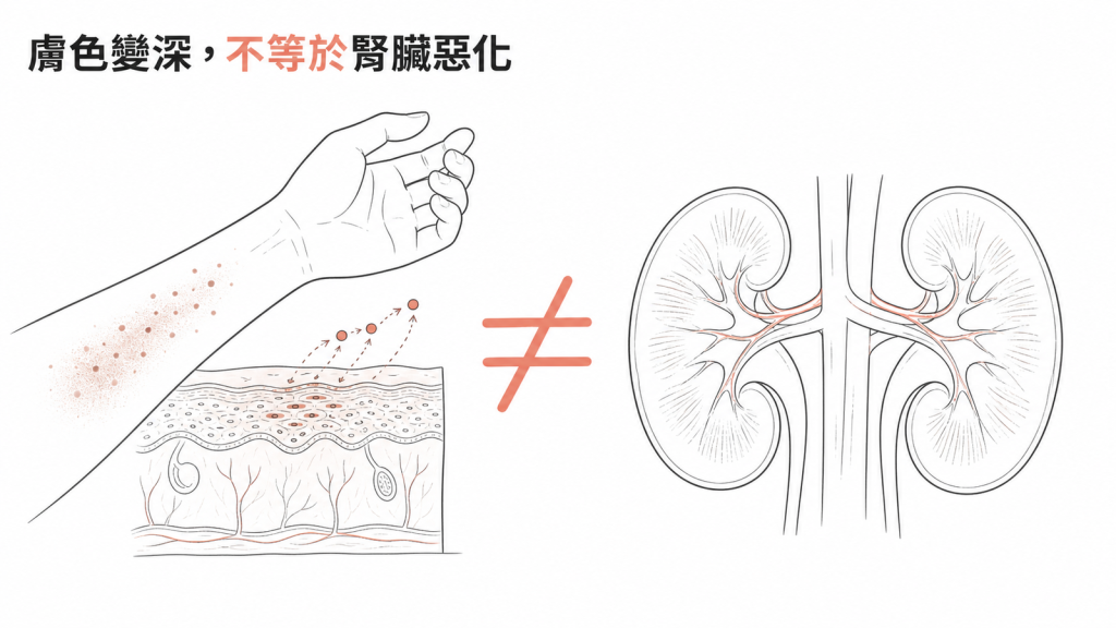 膚色變深不等於腎臟惡化的示意圖:色素沉著反映中分子累積,與腎功能惡化是兩件事