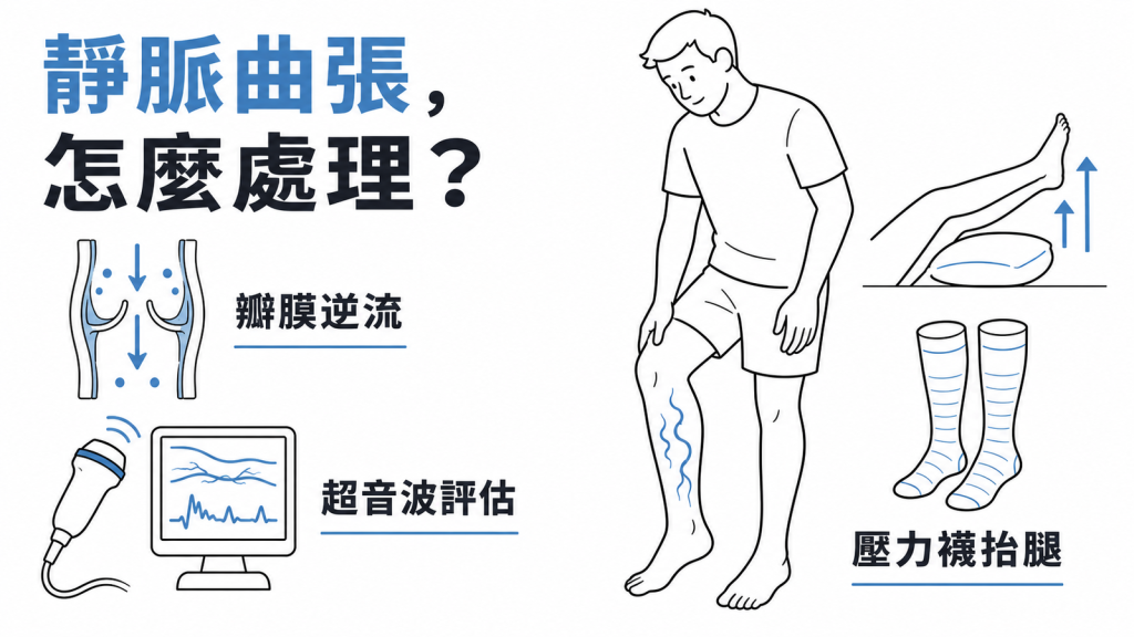 靜脈曲張的瓣膜逆流機轉、靜脈超音波評估與壓力襪抬腿處理