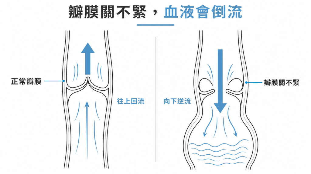 靜脈瓣膜關不緊，血液往下逆流造成血管擴張
