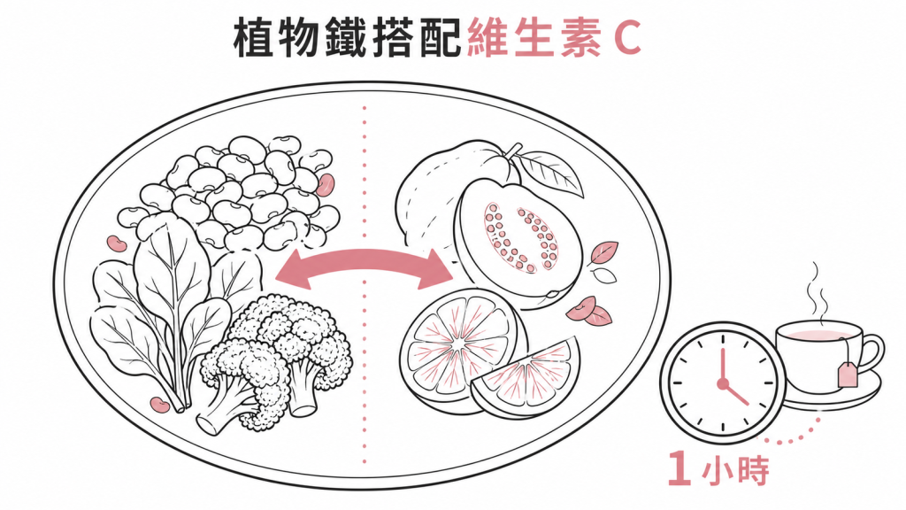 素食鐵質搭配維生素C提升吸收示意圖
