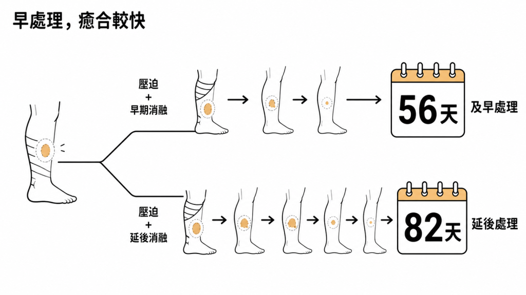 早期靜脈消融中位癒合56天,延後處理為82天的比較