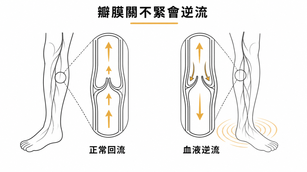 腿部靜脈瓣膜關不緊造成血液逆流與腳踝壓力升高