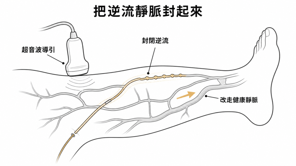 超音波導引細導管封閉逆流表淺靜脈的示意圖