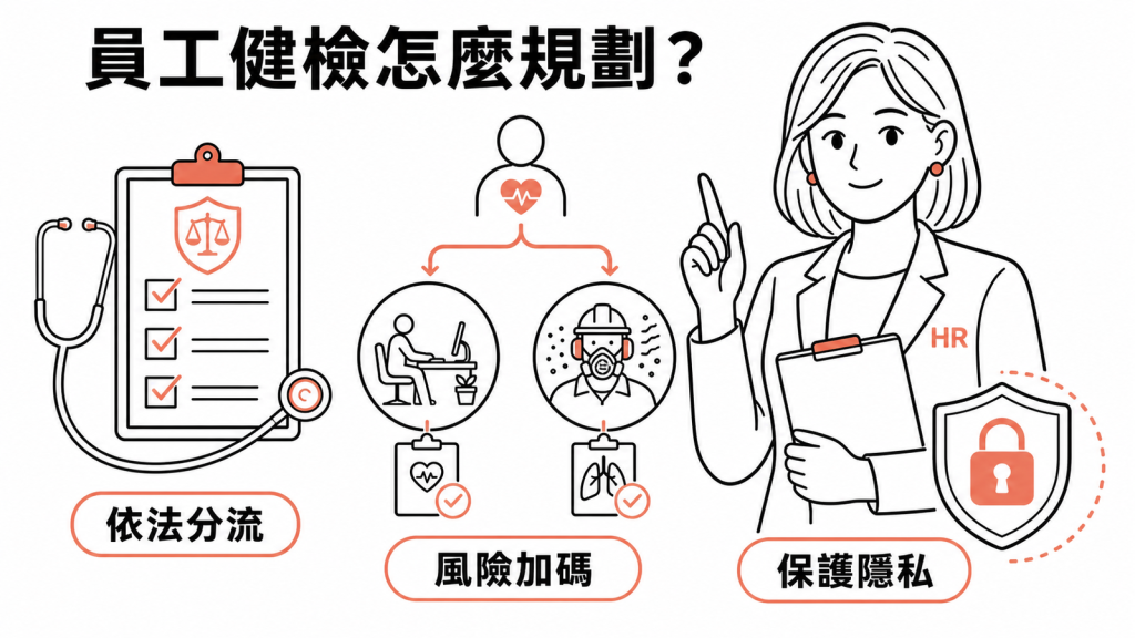 員工健康檢查依法分流、風險加碼與保護隱私示意圖