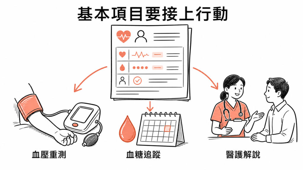 基本健檢結果應接上血壓重測、血糖追蹤與醫護解說