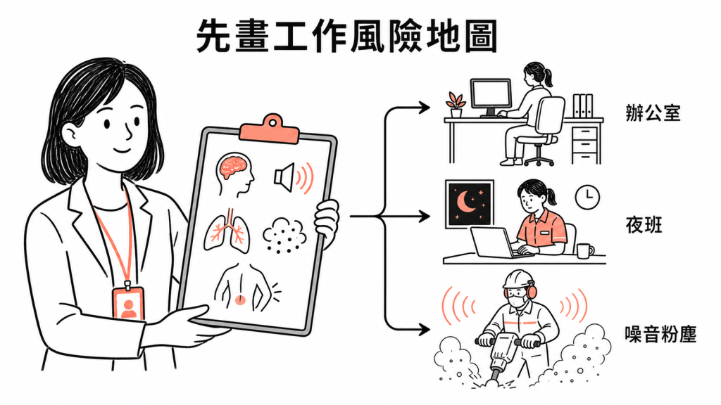 工作風險地圖區分辦公室、夜班及噪音粉塵等不同暴露