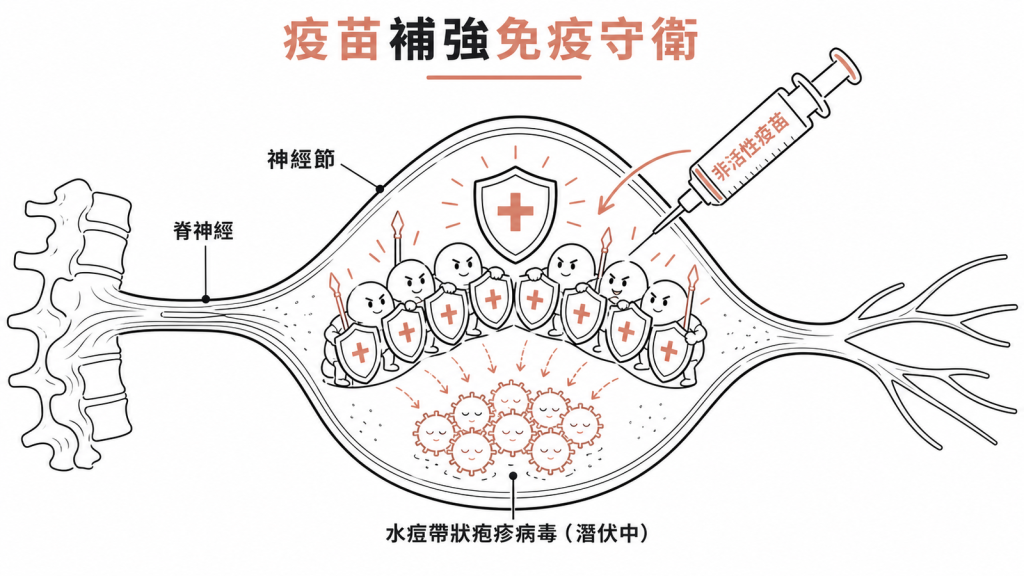 帶狀疱疹機轉示意圖：水痘帶狀疱疹病毒潛伏在神經節，非活性疫苗補強免疫守衛把它按住