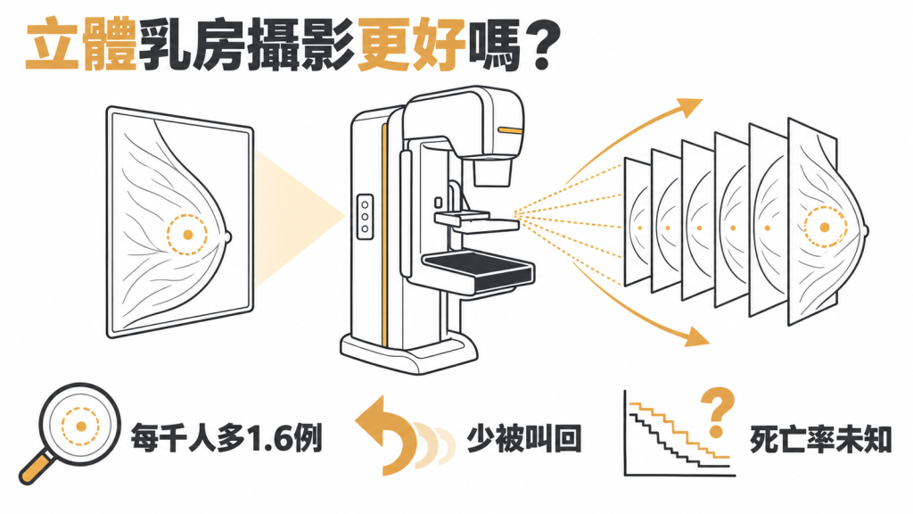 3D 與 2D 乳房攝影比較資訊圖：3D 每 1000 人多找到 1.6 例乳癌、被叫回的人變少，但能否降低乳癌死亡率仍沒有證據。
