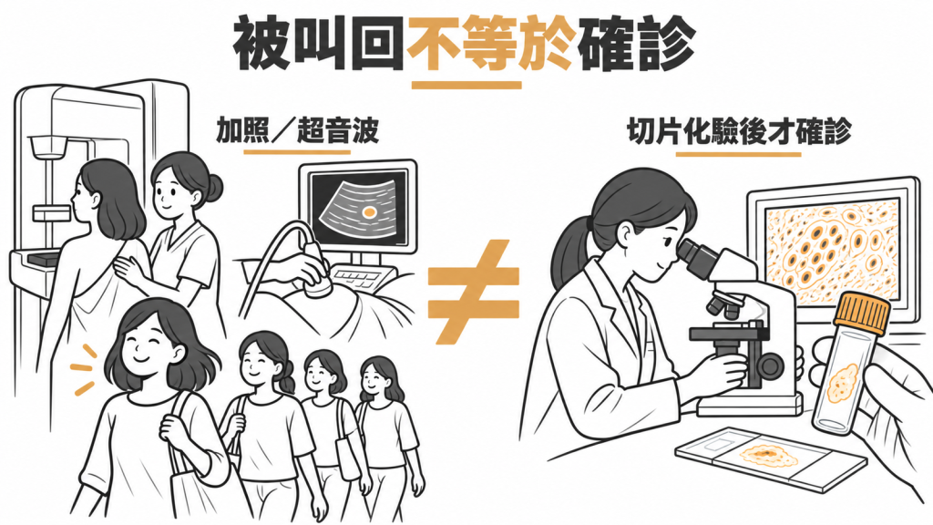 流程圖：被叫回、加照或超音波、切片化驗、確診四個步驟，人數逐關減少，大多數人在加照後就結束，不必切片。